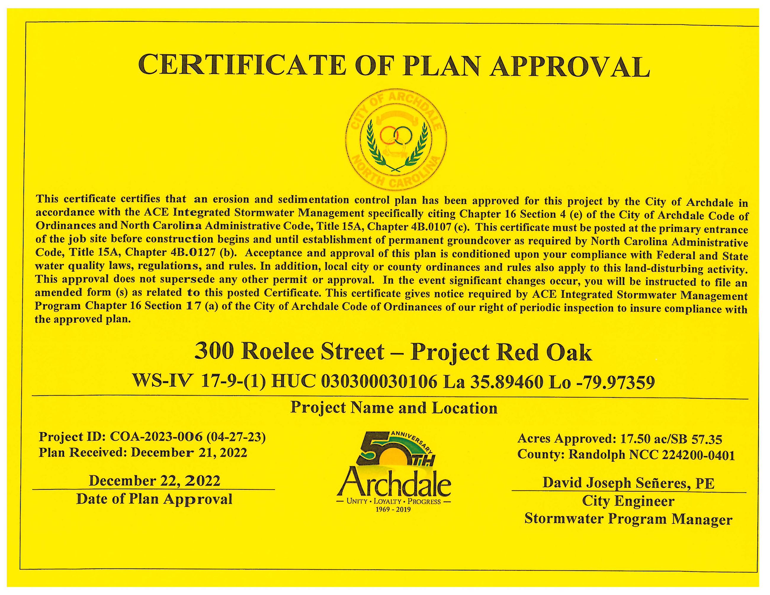 Current Version of Certificate of Approval for ACE Integrated Stormwater Management Program 5/31/23 