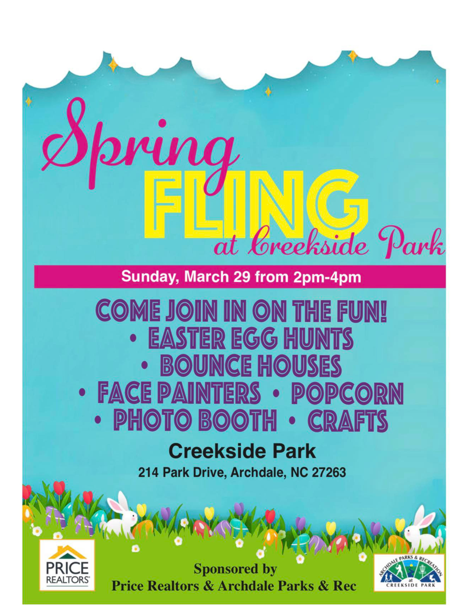 Spring Fling Event Flyer at Creekside Park for Easter - egg hunt, bounce houses, face painting